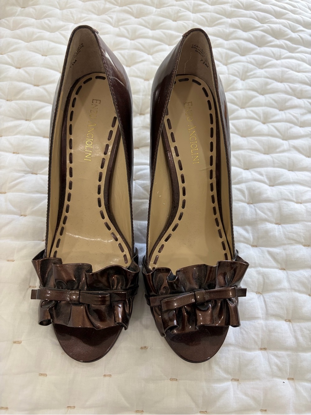 Enzo Angiolini Brown Patent Peep-Toe Pumps with Ruffle Bow